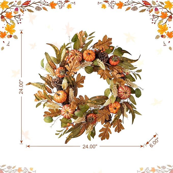 Glitzhome 24''D Fall Pumpkin Leaf Floral Wreath Decor, Artificial Harvest Door Wreath for Autumn or Thanksgiving Decoration