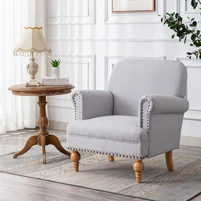 chairus Linen Accent Chair for Living Room Set of 2 Upholstered Mid Century Modern Single Sofa Chair with Solid Wood Legs Comfy Reading Chair Armchair for Bedroom/Office Room/Recption/Lounge, Grey