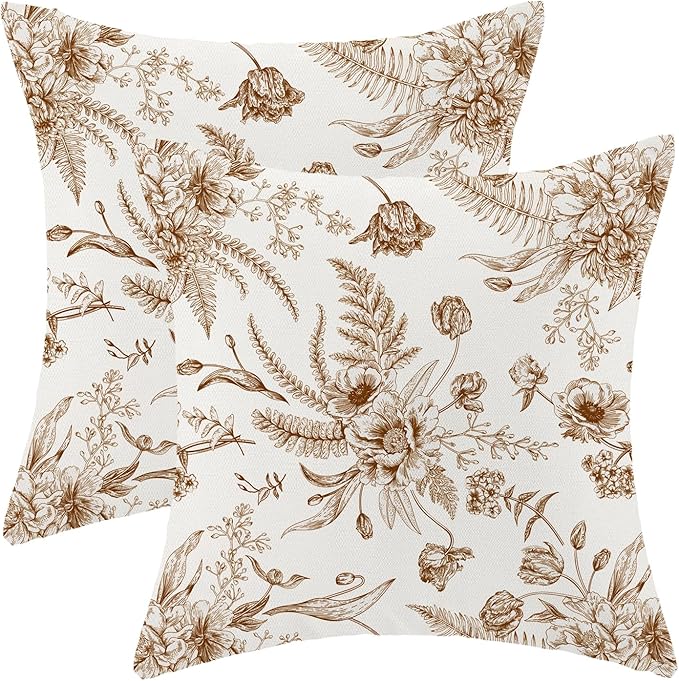 CXMEIFLY Spring Floral Leaves Pillow Covers 22 x 22 Inch Set of 2 for Chinoiserie Flowers Decor Throw Pillows Brown and White Seasonal Plant Outdoor Decorative Cushion Cases for Couch Bed Decorations