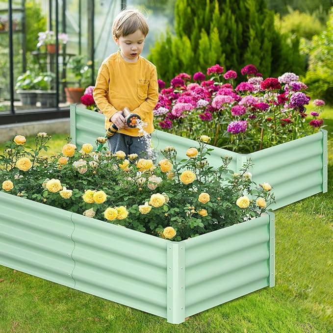 6x3x1ft Large Outdoor Planter Boxes Kit Set of 2, Galvanized Raised Bed Planter with Open-Ended Base Design, Elevated for Outdoor Plants, Durable Raised Bed for Gardening,Green