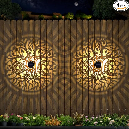 4 Pack Large Solar Fence Lights Metal Solar Powered Outdoor Wall Deck Step Lights Tree Theme Waterproof Fence Light for Garden Post Patio Backyard Yard Decor, Gardening Gifts for Women Mom Grandma