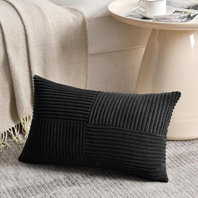 Fancy Homi 2 Packs Black Long Lumbar Decorative Throw Pillow Covers 12x24 Inch for Couch Bed Sofa, Rustic Farmhouse Boho Home Decor, Soft Striped Corduroy Rectangle Accent Cushion Case 30x60 cm