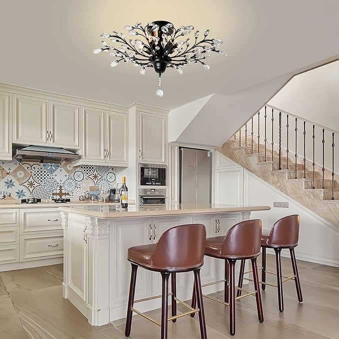 Ganeed Crystal Ceiling Light,Vintage Chandelier, Modern Elegant K9 Crystal Glass Chandelier Flush Mount Ceiling Lighting Fixture for Living Room Bedroom Restaurant Porch- Matte Black - 5 Lights