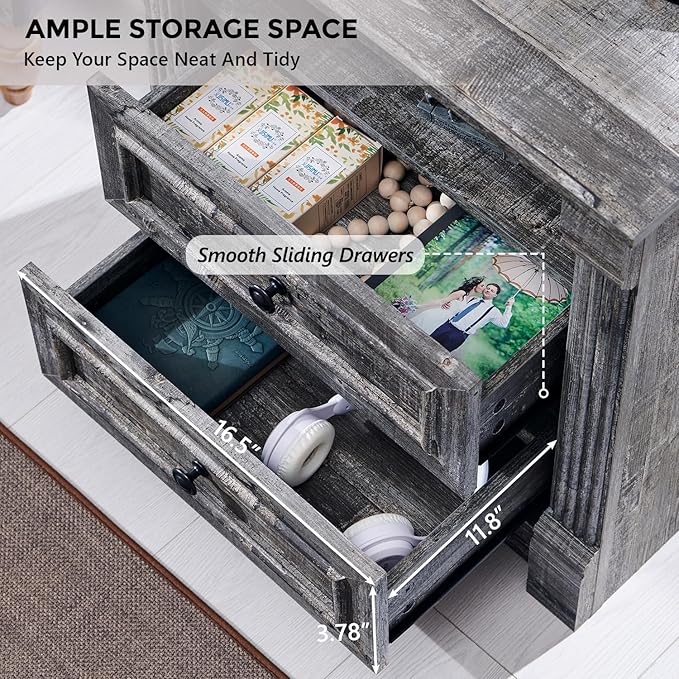 26" Tall Farmhouse Nightstand Set of 2, 2 Drawers End Table w/Charging Station, 23.6" Wide Large Side Table w/Roman Column, Wood Rustic Sofa Table w/Open Shelf, Bedside Table for Bedroom, Light Gray