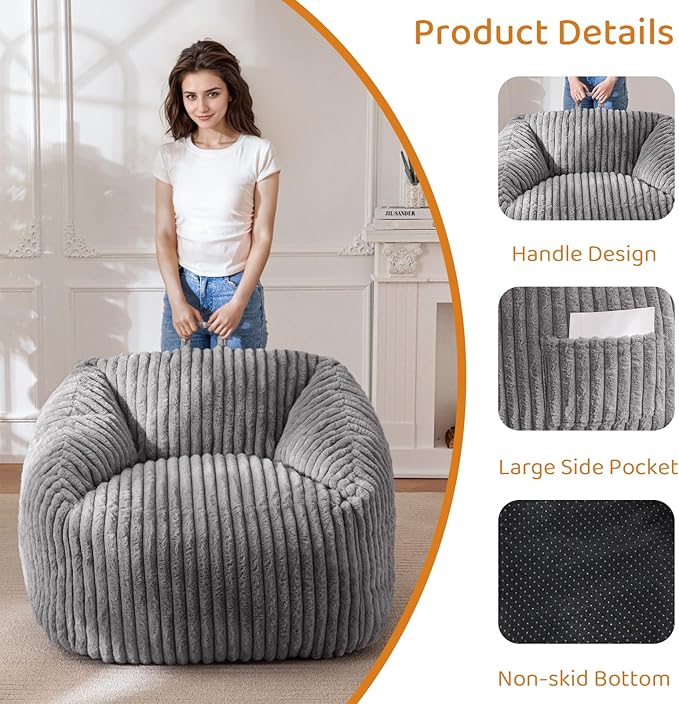 BYBYME Giant Bean Bag Chair for Adults and Kids, Large Comfy Cozy Beanbag, Floor Sofa for Teens, Living Room, Gaming, Reading, Grey