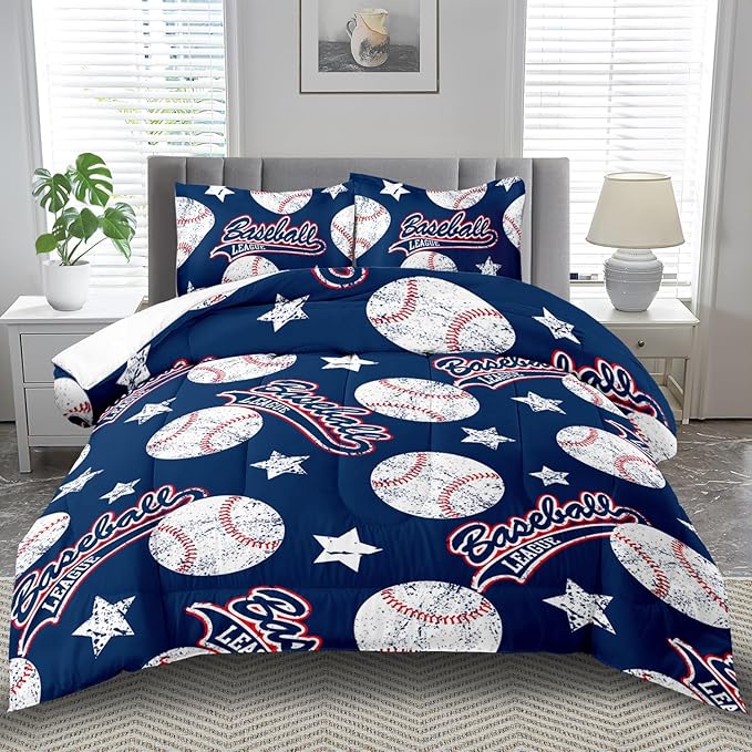 Baseball Comforter Set Twin,Sports Bedding Sets for Boys,Blue Sports Comforter Twin Bedroom Decor,Baseball Bedding Teen for All Seasons,Blue Quilt Kids Bedroom Decor