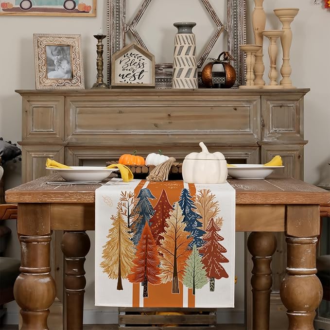 GEEORY Fall Watercolor Trees & Maple Leaves Striped Table Runner 13x48 Inch, Rustic Farmhouse Autumn Thanksgiving Decor for Kitchen, Dining, Indoor/Outdoor Holiday Dinner Party Orange GT157-48