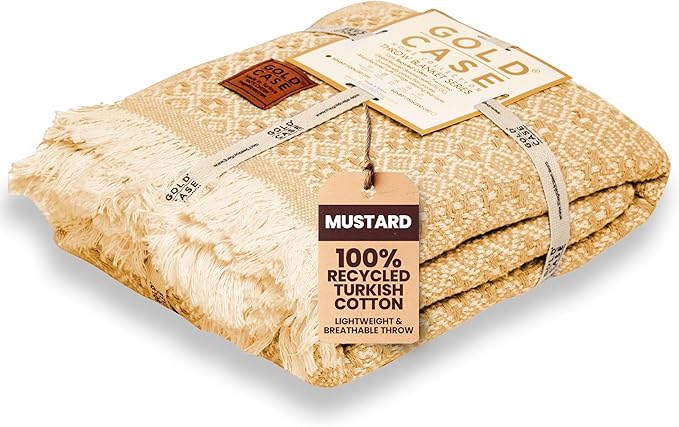 Gold Case Throw Blanket for Couch – 100% Recycled Turkish Cotton Blankets & Throws – Elegant Decorative Throw Blankets for Living Room Sofa – Woven Throws for Couch – Retro Mustard – 50x60