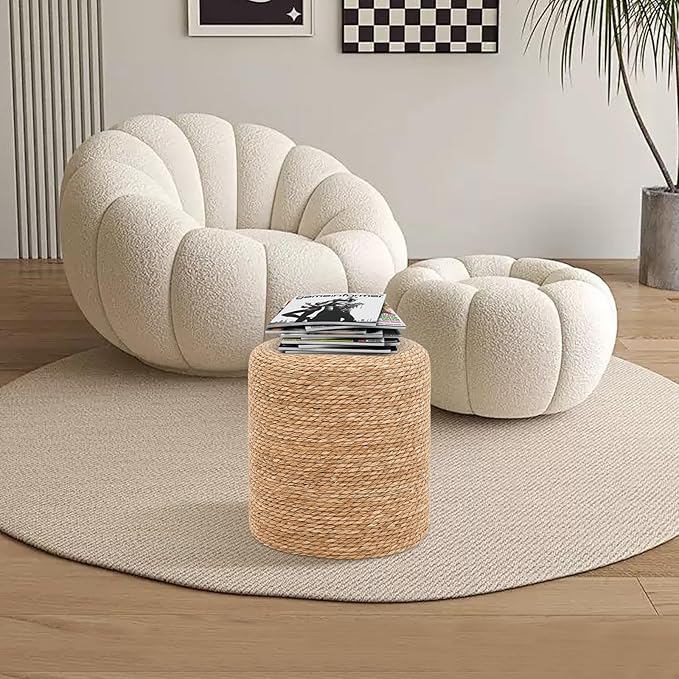 16'' Round Ottoman Natural Seagrass Braided Poof Hand Weaving Round Ottomans Boho Footrest Stool for Home Living Room Bedroom Patio(Natural)