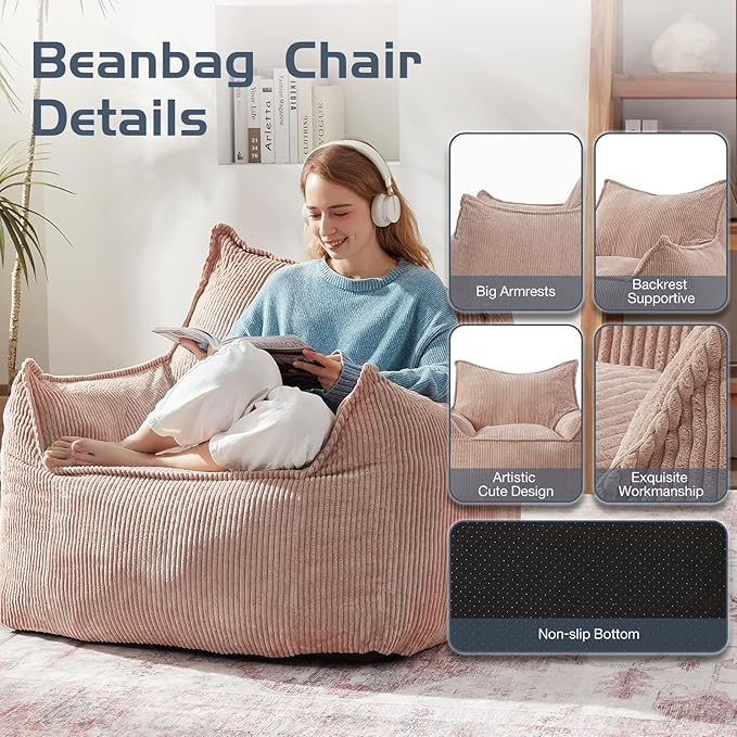 Giant Bean Bag Chair Sofa for Adults Teens, Comfy Corduroy Large Bean Bag Chairs with Armrests for Bedroom Living Room, Adult BeanBag Lazy Sofa Couch Chairs with Filler Included