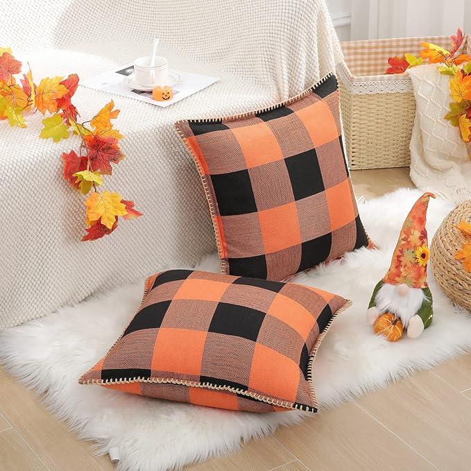 decorUhome Fall Orange and Black Decorative Throw Pillow Covers 22x22 Set of 2, Buffalo Plaid Check Farmhouse Cushion Covers with Stitched Edge for Autumn Harvest Couch Sofa Bed Home Decor