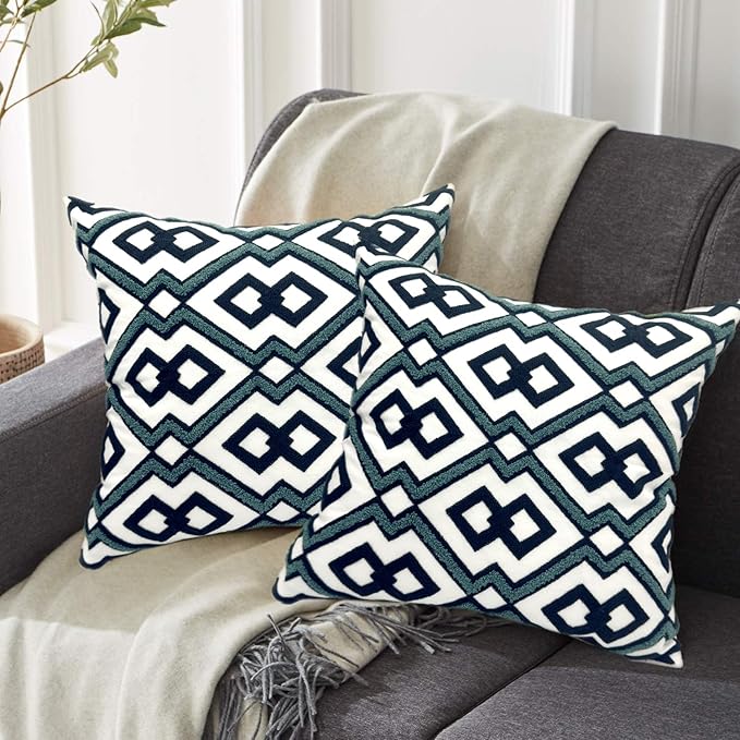 Alysheer Embroidered Decorative Throw Pillow Cover 18"x 18" Set of 2, Classic Boho Geometric Embroidery Pattern Cotton Square Cushion Case for Sofa Couch Living Room Bedroom (Navy Aqua)