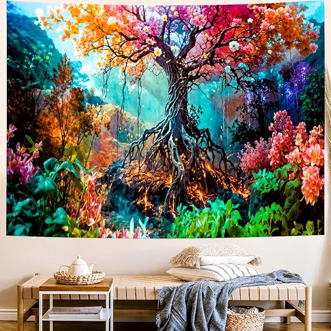 Delur Forest Tapestry Tree of Life Fantasy Tropical Rainforest Tapestry Wall Hanging Colorful Nature Mystical Landscape Psychedelic Spiritual Headboard for Bedroom Living Room Home Decor (70.8" x 92.5")