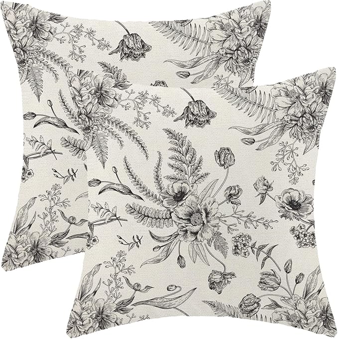 CXMEIFLY Spring Floral Leaves Pillow Covers 18 x 18 Inch Set of 2 for Chinoiserie Flowers Decor Throw Pillows Black and White Seasonal Plant Outdoor Decorative Cushion Cases for Couch Bed Decorations