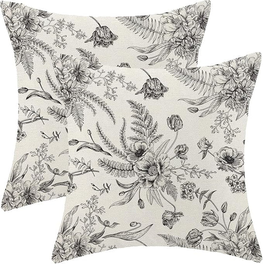 CXMEIFLY Spring Floral Leaves Pillow Covers 16 x 16 Inch Set of 2 for Chinoiserie Flowers Decor Throw Pillows Black and White Seasonal Plant Outdoor Decorative Cushion Cases for Couch Bed Decorations