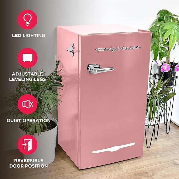 Frigidaire EFR376 Retro Bar Fridge Refrigerator with Side Bottle Opener, 3.2 cu. Ft, Pink/Coral