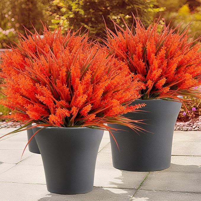 Geegoods Artificial Plants Flowers Outdoor – Faux Lavender Flowers with Monkey Grass UV Resistant Plastic Faux Plants for Garden Porch Window Patio Hanging Planter Home Decor (Autumn-red, 48PCS)
