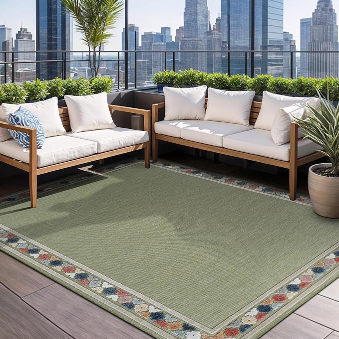 Beverly Rug Outdoor Rug 10x14 Modern Bordered Large Area Rugs for Indoor and Outdoor Patio Easy to Clean Non Shedding Living Room Porch Garden Washable Outside Carpet (10 x 14 Green)