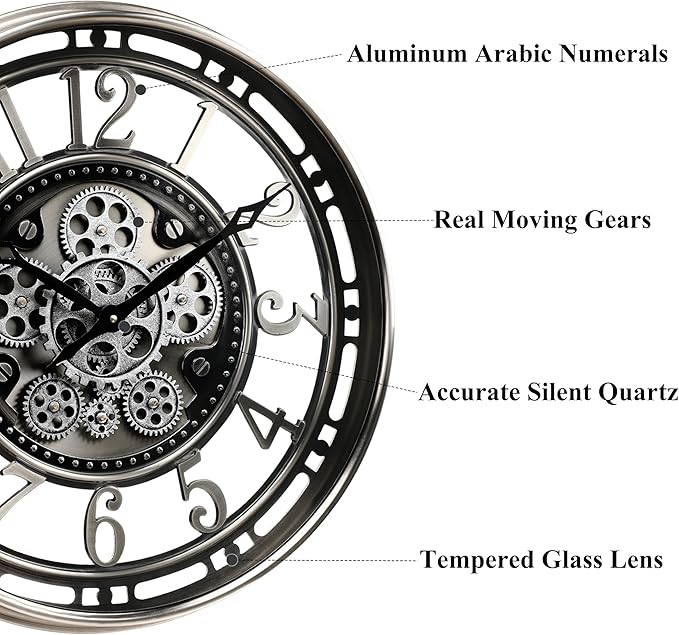 CLXEAST 21 Inch Large Moving Gear Wall Clock,Industrial Steampunk Decor,Decorative Wall Clock for Modern Farmhouse Living Room Decor,Gunmetal Silver Finish