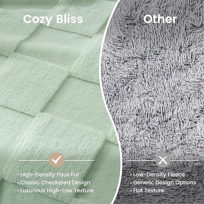 Cozy Bliss Checkered White Faux Rabbit Fur Throw Blanket, Soft Fuzzy Fluffy Minky Cream Furry Blankets for Couch, Bed (Sage Green, King(108" x 90")