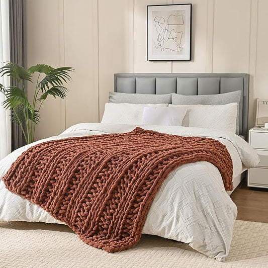 Esterra Chunky Knit Blanket Throw, 100% Handmade Chenille Throw Blanket 50"x60", Soft Thick Yarn Cable Knit Crochet Throw Blanket Rope Knot Throw for Couch Bed Sofa, Copper Brown
