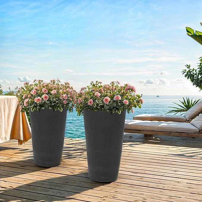 24" Tall Planters for Outdoor Plants, Set of 2 Heavy-Duty Resin Flower Pots, Matte Black Leather Grain Finish, Durable & Weather-Resistant, Ideal for Garden, Patio, Yard, Porch, or Home Use