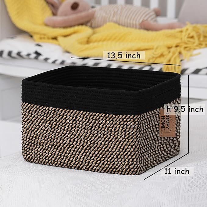 COMFY-HOMI Cotton Rope Woven Basket with Handles for Shelves,Toys,Book, Cloth Storage Baskets Bin for Organizing-13.5"x11"x9.5" Toy Decorative Organizer for Living Room, Bathroom-Black/Jute