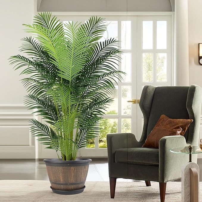 16-inch-Plant-Pots-Indoor-Outdoor, 4 Pack Large Whiskey Barrel Planters with Drainage Holes & Saucer, Plastic Flower Pots Imitation Wine Barrel Design, Decorative Garden Pots for Plants