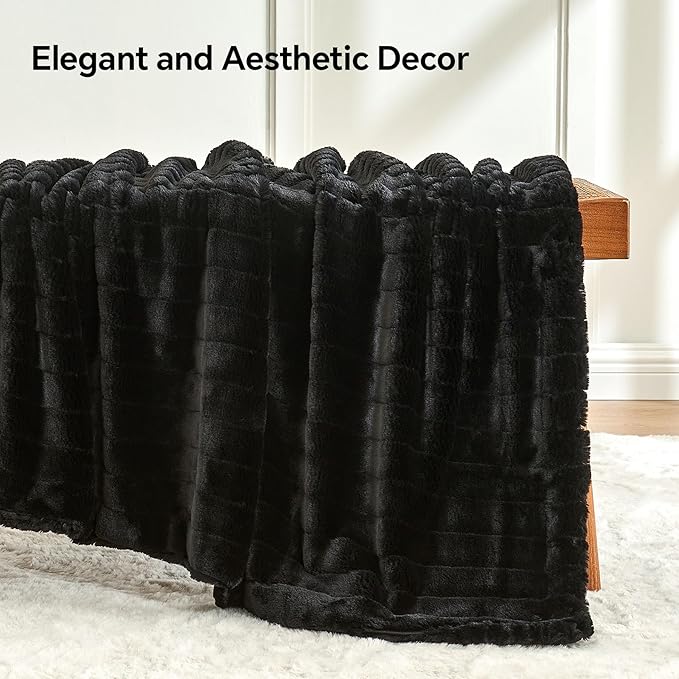 BEDELITE Faux Fur Throw Blanket for Couch, Soft and Cozy 3D Ribbed Fluffy Blanket, Thick Warm Plush Fuzzy Faux Rabbit Fur Blanket for Women Gift (Black, 50"x 60")