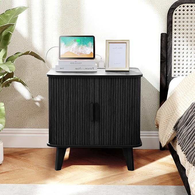 AVZEAR 24" Large Square End Table with Charging Station, Farmhouse Fluted Sofa Side Table with Sliding Tambour Door & Storage, Curved Rustic Wood Nightstand for Living Room, Bedroom, Black