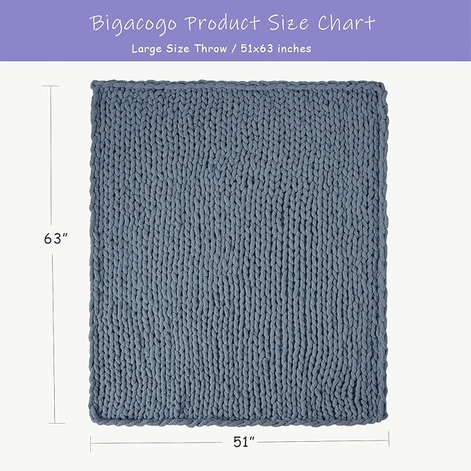Bigacogo Chunky Knit Throw Blanket for Couch, 51x63 inches, 100% Hand Knitted with Thick Jumbo Chenille Yarn, Cozy Soft Large Rope Knot Cable Crochet Blankets for Sofa Bed Living Room, Cold Sea Blue