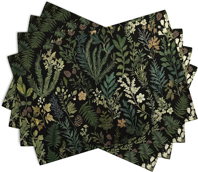 Black Sage Green Plant Placemats Set of 4 Vintage Botanic Fern Leaves Herb Floral Place Mats Rustic Farmhouse Linen Fabric Table Mats for Party Kitchen Dining Outdoor Indoor Decor