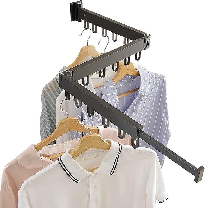 Clothes Drying Rack Wall Mounted, Laundry Drying Rack Collapsible, Space Saving Wall Drying Rack Clothing Foldable, Tri-Fold Retractable Rack Outdoor Indoor with 18 Hooks(Black，Loop-Shape Hooks)