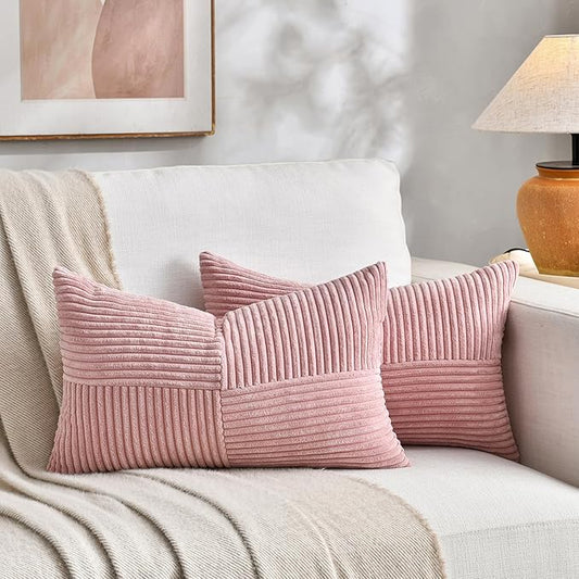 Fancy Homi 2 Packs Blush Pink Lumbar Decorative Throw Pillow Covers 12x20 Inch for Living Room Couch Bed, Rustic Farmhouse Boho Home Decor, Soft Striped Corduroy Rectangle Accent Cushion Case 30x50 cm