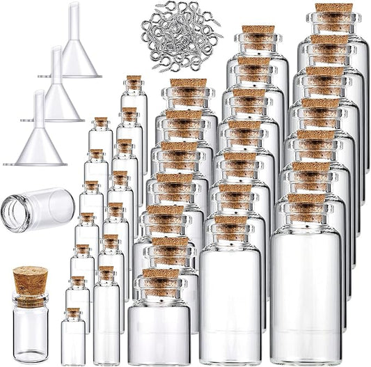 Geiserailie 45 Pcs Mini Glass Bottles with Cork Stoppers Spell Jar Clear Wishing Jars with 50 Eye Screws 3 Funnels for Wedding Party Favors DIY Art Crafts Decoration, 5 Sizes