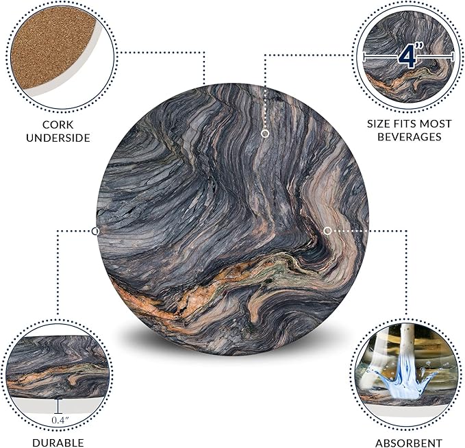 Emerson Coasters for Drinks Absorbent – Natural Stone Drink Coasters Set with Holder, Coasters for Coffee Table, Wooden Tabletop Protection Marble Style – 100% Heavy Duty Set of 6 (Magma)