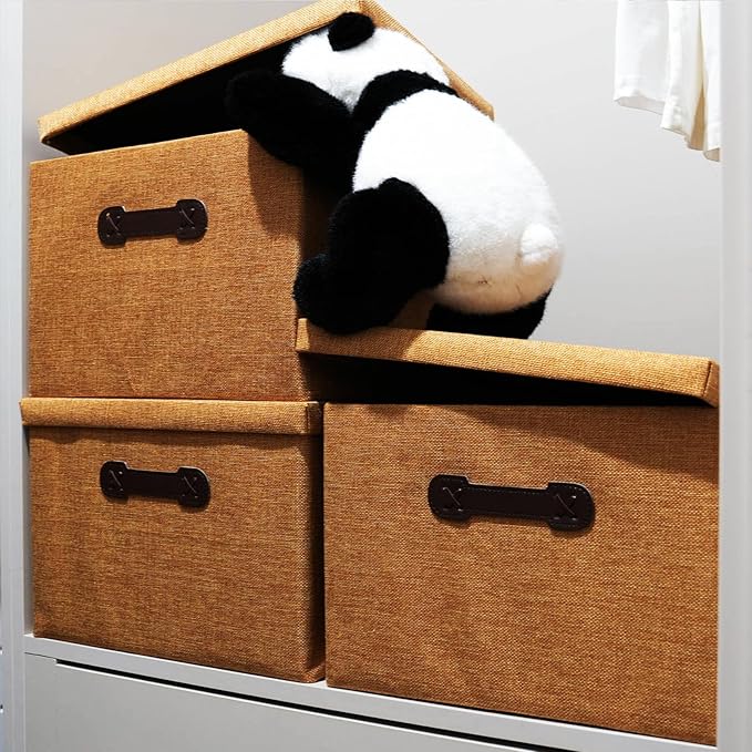 Enzk&Unity Decorative Storage Bins with Lids, Fabric Linen Foldable Storage Box with Handle Home Organizer for Shelf, Closet, Bedroom, Living Room, Office, 3 Packs, Brown