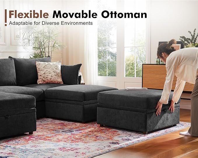 102.6" Luxury Modular Sleeper Sofa Bed 6 Seat Reversible Sectional Couch Deep Seat with Storage Chaises Removable Cover for Living Room, Apartment - Chenille Black