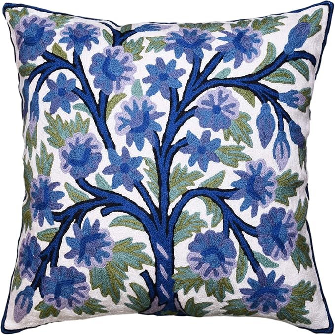 Blue Tree of Life Pillow Cover Indigo Plant Floral Pillowcase Needlepoint Botanical Flower Suzani Cushions Traditional Boho Modern Floral Cushion Wool Size - 18x18