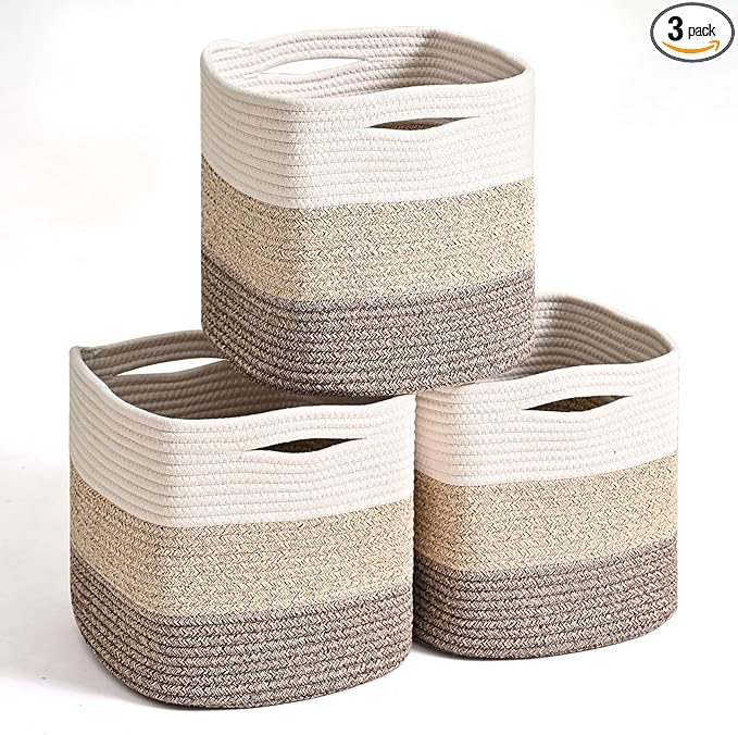 11 Inch Cube Storage Bins, Storage Cube Organizer Bins, Woven Cotton Rope Baskets for Storage, Storage Basket for Organizing Shelves, Square Baskets for Toys, Gradient Brown (Pack of 3)