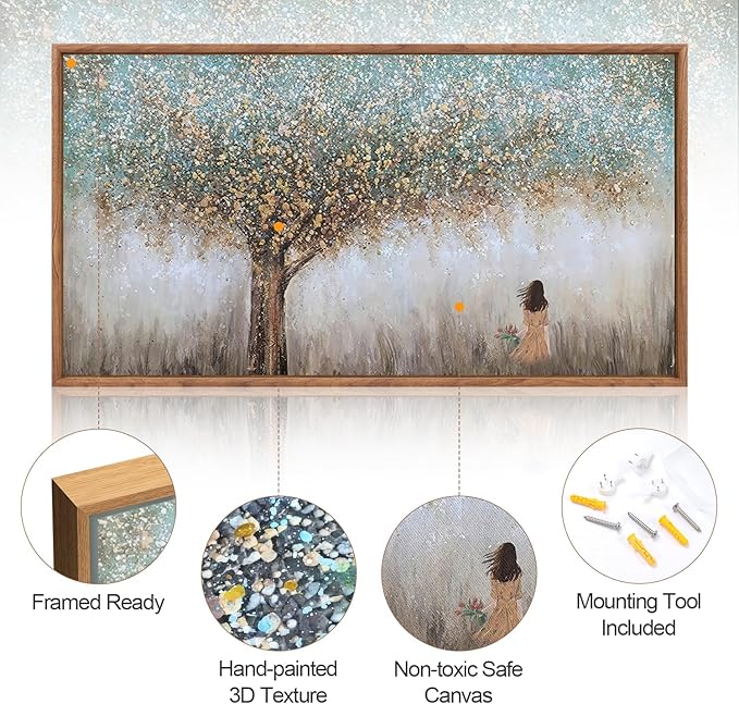 Aurlan Tree of Life Hand Painted Framed Wall Decor(40"x20"), Large Abstract Girl under Tree Oil Painting Canvas Artwork, Modern Nature Landscape Art for Office Living Room Bedroom