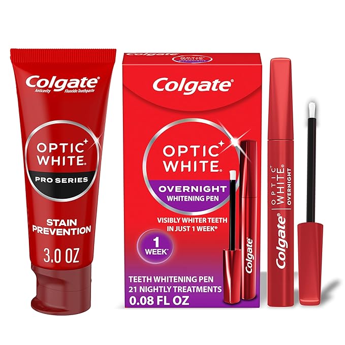 Colgate Optic White Overnight Teeth Whitening Pen and Whitening Toothpaste Kit, Includes 0.08 fl oz Teeth Whitener Pen with 21 Nightly Treatments Plus a 3.0 fl oz Enamel Safe Whitening Toothpaste