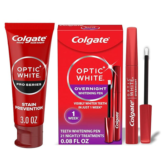 Colgate Optic White Overnight Teeth Whitening Pen and Whitening Toothpaste Kit, Includes 0.08 fl oz Teeth Whitener Pen with 21 Nightly Treatments Plus a 3.0 fl oz Enamel Safe Whitening Toothpaste
