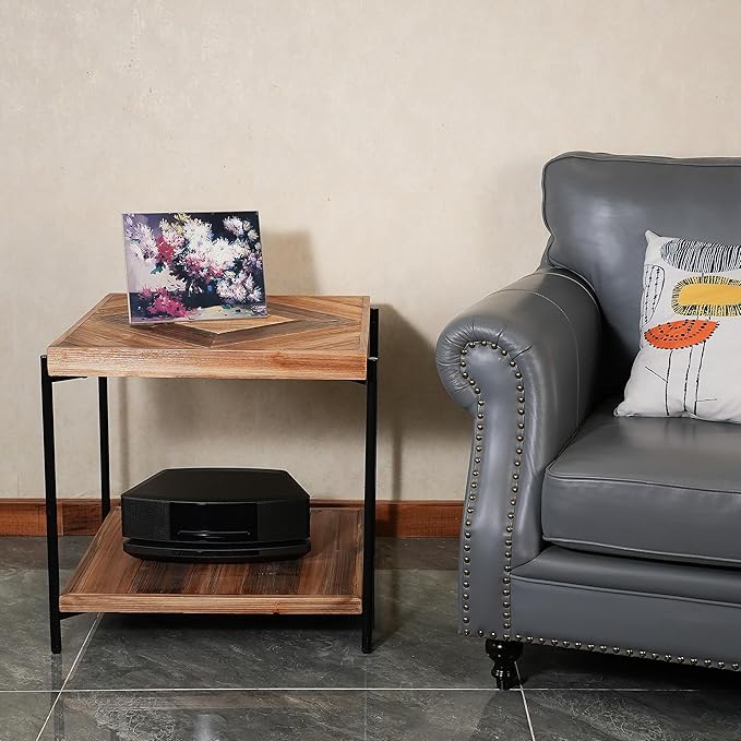 CONSDAN StoneCreek Solid Fir Wood Side Table - Metal Frame, 2-Tier End Table for Living Room/Bedroom/Office, 23" Square Night Stand, Accent Table