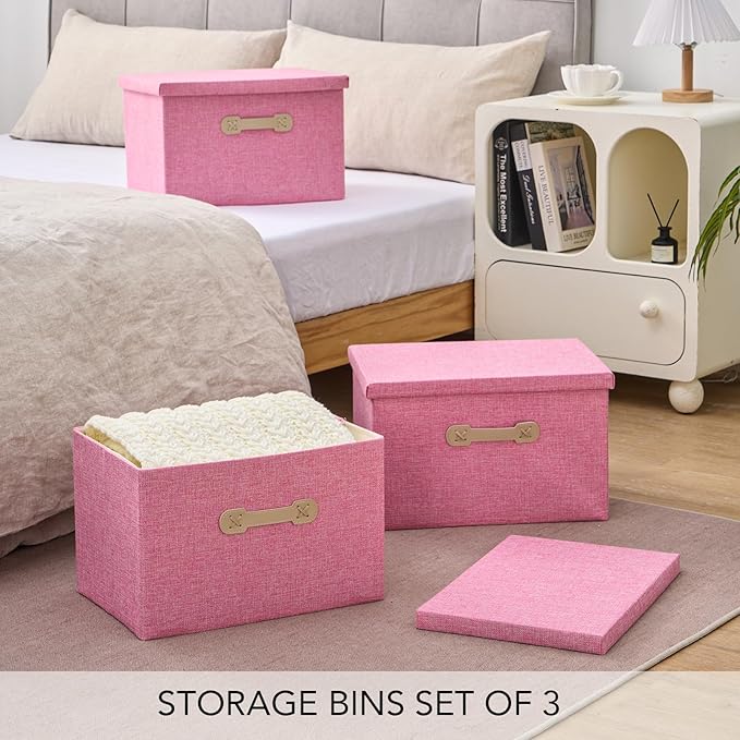 Enzk&Unity Decorative Storage Bins with Lids, Fabric Linen Foldable Storage Box with Handle Home Organizer for Shelf, Closet, Bedroom, Living Room, Office, 3 Packs, Pink