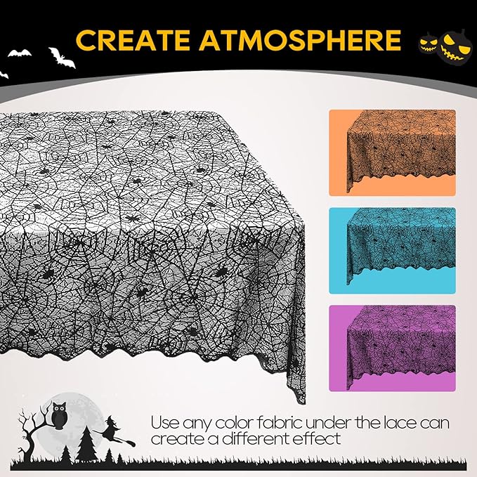 eZAKKA Halloween Table Cloth, Spider Webs Tablecloths Black Tablecloth Lace Fabric Table Cloths Spooky Cover for Rectangle Tables for Parties Gothic Halloween Home Decorations, 60x84 Inch