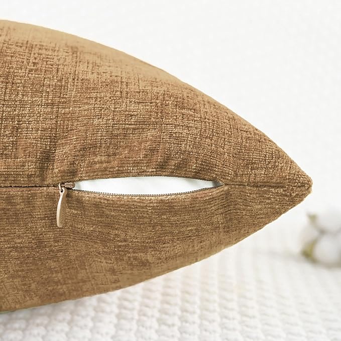 CaliTime Throw Pillow Covers Decorative 16 X 26 Inches Pack of 2 Cozy Chenille Cushion Cases for Couch Sofa Bed Living Room Home Apricot Brown