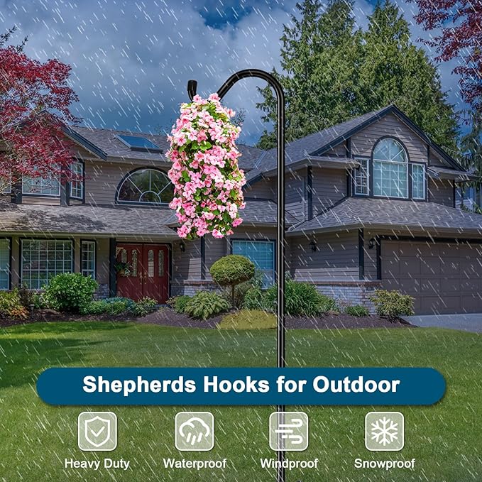 Gtongoko Adjustable Shepherds Hooks for Outdoor 76 Inch Bird Feeder Pole with 7 Prongs Base, 3/4 Inch Thick Heavy Duty for Hanging Bird Feeder, Plant Baskets,1 Pack