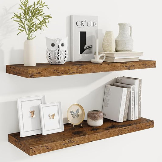 Fun Memories Floating Shelves for Wall, 32 Inch Rustic Wood Wall Mounted Shelves for Bathroom, Bedroom, Kitchen, Living Room, Deep Floating Shelves for Storage & Home Decor (Brown,Set of 2)