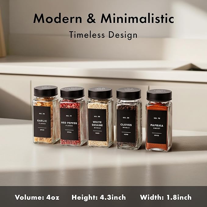 Glass Spice Jars with Label and Stainless Steel Lids (24 x 4oz) Spice Containers with 240 Labels, Shaker Inserts, Steel Funnel, Empty Square Empty Square Seasoning Organizer (Black)